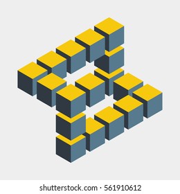 Impossible figure constructed of cube blocks. Mathematical object with mental trick. Isometric 3d design. Optical illusion of brain. Symbol with three-dimensional effect. Imp art. Visual paradox maze 