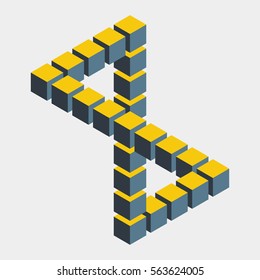 Impossible figure constructed of cube blocks. Mathematical object with mental trick. Isometric 3d design. Optical illusion of brain. Symbol with three-dimensional effect. Imp art. Visual paradox maze 