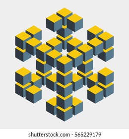 Impossible figure constructed of cube blocks. Mathematical object with mental trick. Isometric 3d design. Optical illusion of brain. Symbol with three-dimensional effect. Imp art. Visual paradox maze 