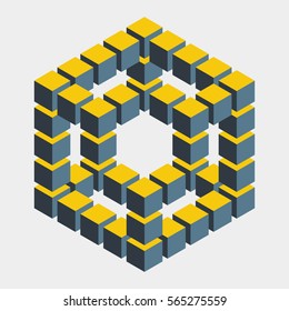 Impossible figure constructed of cube blocks. Mathematical object with mental trick. Isometric 3d design. Optical illusion of brain. Symbol with three-dimensional effect. Imp art. Visual paradox maze 