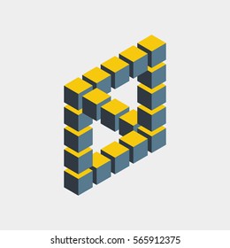 Impossible figure constructed of cube blocks. Mathematical object with mental trick. Isometric 3d design. Optical illusion of brain. Symbol with three-dimensional effect. Imp art. Visual paradox maze 