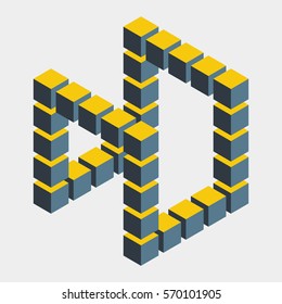 Impossible figure constructed of cube blocks. Mathematical object with mental trick. Isometric 3d design. Optical illusion of brain. Symbol with three-dimensional effect. Imp art. Visual paradox maze 