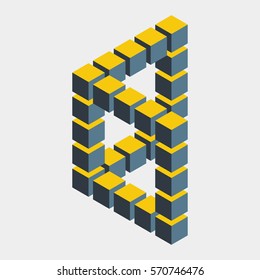 Impossible figure constructed of cube blocks. Mathematical object with mental trick. Isometric 3d design. Optical illusion of brain. Symbol with three-dimensional effect. Imp art. Visual paradox maze 