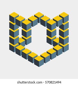 Impossible figure constructed of cube blocks. Mathematical object with mental trick. Isometric 3d design. Optical illusion of brain. Symbol with three-dimensional effect. Imp art. Visual paradox maze 