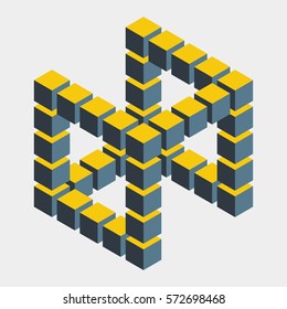 Impossible figure constructed of cube blocks. Mathematical object with mental trick. Isometric 3d design. Optical illusion of brain. Symbol with three-dimensional effect. Imp art. Visual paradox maze 