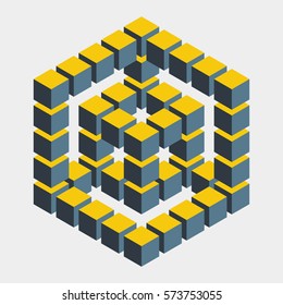 Impossible figure constructed of cube blocks. Mathematical object with mental trick. Isometric 3d design. Optical illusion of brain. Symbol with three-dimensional effect. Imp art. Visual paradox maze 