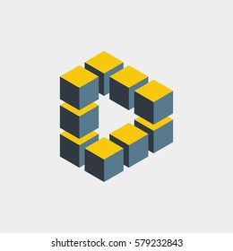 Impossible figure constructed of cube blocks. Mathematical object with mental trick. Isometric 3d design. Optical illusion of brain. Symbol with three-dimensional effect. Imp art. Visual paradox maze 