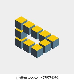 Impossible figure constructed of cube blocks. Mathematical object with mental trick. Isometric 3d design. Optical illusion of brain. Symbol with three-dimensional effect. Imp art. Visual paradox maze 