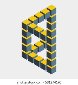 Impossible figure constructed of cube blocks. Mathematical object with mental trick. Isometric 3d design. Optical illusion of brain. Symbol with three-dimensional effect. Imp art. Visual paradox maze 