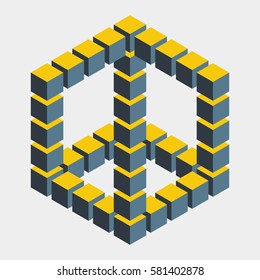 Impossible figure constructed of cube blocks. Mathematical object with mental trick. Isometric 3d design. Optical illusion of brain. Symbol with three-dimensional effect. Imp art. Visual paradox maze 