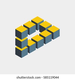Impossible figure constructed of cube blocks. Mathematical object with mental trick. Isometric 3d design. Optical illusion of brain. Symbol with three-dimensional effect. Imp art. Visual paradox maze 