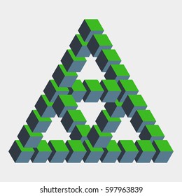Impossible figure constructed of green blue cube blocks. Math object with mental trick. Isometric 3d design. Optical art, illusion of brain. Symbol with three-dimensional effect. Visual paradox maze.