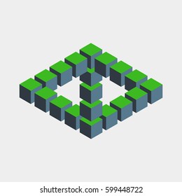 Impossible figure constructed of green blue cube blocks. Math object with mental trick. Isometric 3d design. Optical art, illusion of brain. Symbol with three-dimensional effect. Visual paradox maze.