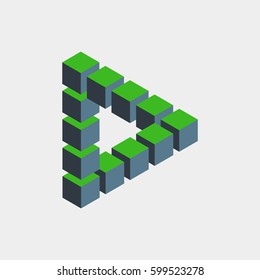 Impossible figure constructed of green blue cube blocks. Math object with mental trick. Isometric 3d design. Optical art, illusion of brain. Symbol with three-dimensional effect. Visual paradox maze.