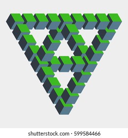 Impossible figure constructed of green blue cube blocks. Math object with mental trick. Isometric 3d design. Optical art, illusion of brain. Symbol with three-dimensional effect. Visual paradox maze.