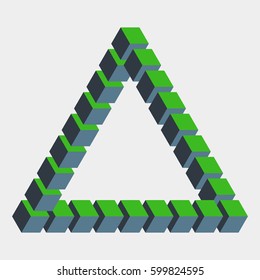 Impossible figure constructed of green blue cube blocks. Math object with mental trick. Isometric 3d design. Optical art, illusion of brain. Symbol with three-dimensional effect. Visual paradox maze.