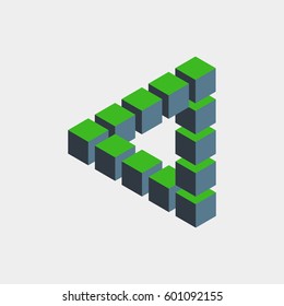 Impossible figure constructed of green blue cube blocks. Math object with mental trick. Isometric 3d design. Optical art, illusion of brain. Symbol with three-dimensional effect. Visual paradox maze.