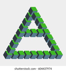 Impossible figure constructed of green blue cube blocks. Math object with mental trick. Isometric 3d design. Optical art, illusion of brain. Symbol with three-dimensional effect. Visual paradox maze.