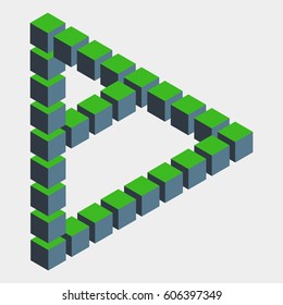 Impossible figure constructed of green blue cube blocks. Math object with mental trick. Isometric 3d design. Optical art, illusion of brain. Symbol with three-dimensional effect. Visual paradox maze.