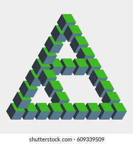 Impossible figure constructed of green blue cube blocks. Math object with mental trick. Isometric 3d design. Optical art, illusion of brain. Symbol with three-dimensional effect. Visual paradox maze.