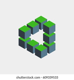 Impossible figure constructed of green blue cube blocks. Math object with mental trick. Isometric 3d design. Optical art, illusion of brain. Symbol with three-dimensional effect. Visual paradox maze.