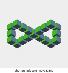 Impossible figure constructed of green blue cube blocks. Math object with mental trick. Isometric 3d design. Optical art, illusion of brain. Symbol with three-dimensional effect. Visual paradox maze.