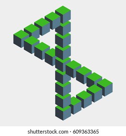 Impossible figure constructed of green blue cube blocks. Math object with mental trick. Isometric 3d design. Optical art, illusion of brain. Symbol with three-dimensional effect. Visual paradox maze.