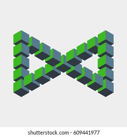 Impossible figure constructed of green blue cube blocks. Math object with mental trick. Isometric 3d design. Optical art, illusion of brain. Symbol with three-dimensional effect. Visual paradox maze.