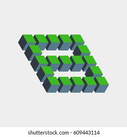Impossible figure constructed of green blue cube blocks. Math object with mental trick. Isometric 3d design. Optical art, illusion of brain. Symbol with three-dimensional effect. Visual paradox maze.
