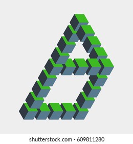 Impossible figure constructed of green blue cube blocks. Math object with mental trick. Isometric 3d design. Optical art, illusion of brain. Symbol with three-dimensional effect. Visual paradox maze.