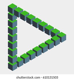 Impossible figure constructed of green blue cube blocks. Math object with mental trick. Isometric 3d design. Optical art, illusion of brain. Symbol with three-dimensional effect. Visual paradox maze.