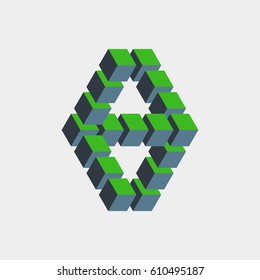 Impossible figure constructed of green blue cube blocks. Math object with mental trick. Isometric 3d design. Optical art, illusion of brain. Symbol with three-dimensional effect. Visual paradox maze.