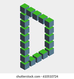 Impossible figure constructed of green blue cube blocks. Math object with mental trick. Isometric 3d design. Optical art, illusion of brain. Symbol with three-dimensional effect. Visual paradox maze.