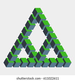 Impossible figure constructed of green blue cube blocks. Math object with mental trick. Isometric 3d design. Optical art, illusion of brain. Symbol with three-dimensional effect. Visual paradox maze.