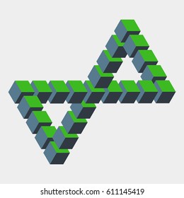 Impossible figure constructed of green blue cube blocks. Math object with mental trick. Isometric 3d design. Optical art, illusion of brain. Symbol with three-dimensional effect. Visual paradox maze.