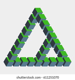 Impossible figure constructed of green blue cube blocks. Math object with mental trick. Isometric 3d design. Optical art, illusion of brain. Symbol with three-dimensional effect. Visual paradox maze.