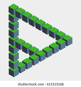 Impossible figure constructed of green blue cube blocks. Math object with mental trick. Isometric 3d design. Optical art, illusion of brain. Symbol with three-dimensional effect. Visual paradox maze.