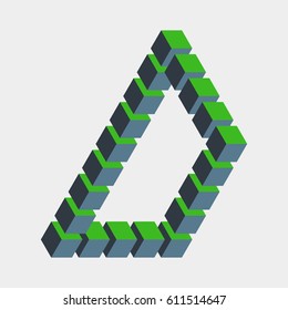 Impossible figure constructed of green blue cube blocks. Math object with mental trick. Isometric 3d design. Optical art, illusion of brain. Symbol with three-dimensional effect. Visual paradox maze.