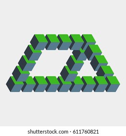Impossible figure constructed of green blue cube blocks. Math object with mental trick. Isometric 3d design. Optical art, illusion of brain. Symbol with three-dimensional effect. Visual paradox maze.