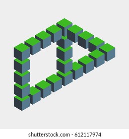 Impossible figure constructed of green blue cube blocks. Math object with mental trick. Isometric 3d design. Optical art, illusion of brain. Symbol with three-dimensional effect. Visual paradox maze.