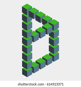 Impossible figure constructed of green blue cube blocks. Math object with mental trick. Isometric 3d design. Optical art, illusion of brain. Symbol with three-dimensional effect. Visual paradox maze.
