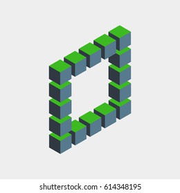 Impossible figure constructed of green blue cube blocks. Math object with mental trick. Isometric 3d design. Optical art, illusion of brain. Symbol with three-dimensional effect. Visual paradox maze.