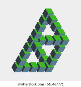Impossible figure constructed of green blue cube blocks. Math object with mental trick. Isometric 3d design. Optical art, illusion of brain. Symbol with three-dimensional effect. Visual paradox maze.