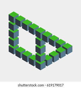 Impossible figure constructed of green blue cube blocks. Math object with mental trick. Isometric 3d design. Optical art, illusion of brain. Symbol with three-dimensional effect. Visual paradox maze.