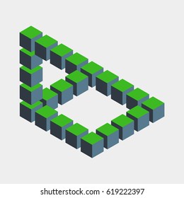 Impossible figure constructed of green blue cube blocks. Math object with mental trick. Isometric 3d design. Optical art, illusion of brain. Symbol with three-dimensional effect. Visual paradox maze.
