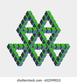 Impossible figure constructed of green blue cube blocks. Math object with mental trick. Isometric 3d design. Optical art, illusion of brain. Symbol with three-dimensional effect. Visual paradox maze.
