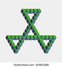Impossible figure constructed of green blue cube blocks. Math object with mental trick. Isometric 3d design. Optical art, illusion of brain. Symbol with three-dimensional effect. Visual paradox maze.