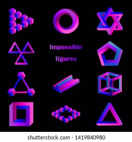 Impossible Figure Set, Optical Illusion: Penrose Triangle, Cube, Pentagon, Circle, Trendy Colorful Tribar Logo On Black Background, Vector Illustration Logotypes