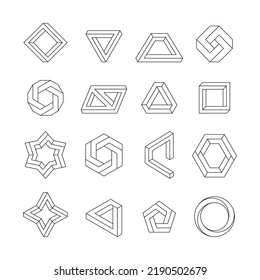 Impossible figures. Abstract geometric linear shapes, infinite optical illusion objects, 3D cube triangle and hexagonal twisted graphic elements. Vector isolated set. Unusual structures collection