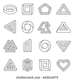 Impossible figures line art collection. Type of optical illusion, reality trick, fascinating objects of geometry. Vector flat style illustration isolated on white background